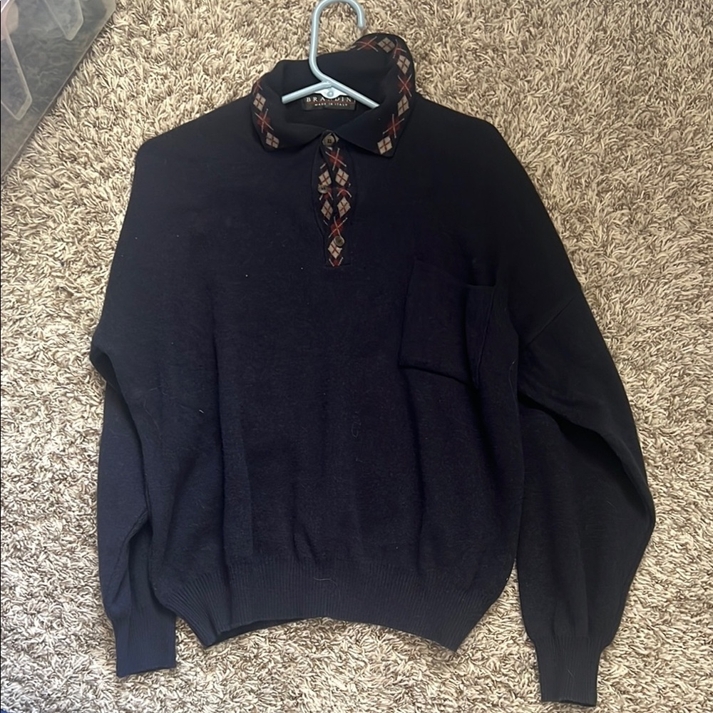Men's Italian made in Italy Black Sweater with Patterned Collar
